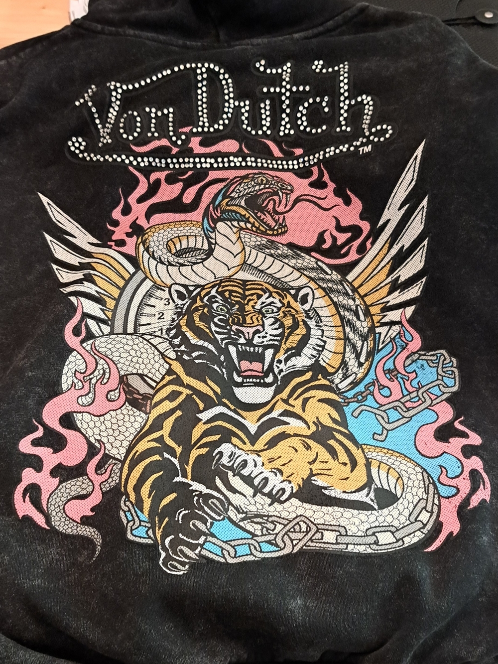 Von Dutch Black Hoodie with Tiger & Snake Graphic in Pink, Yellow, Blue